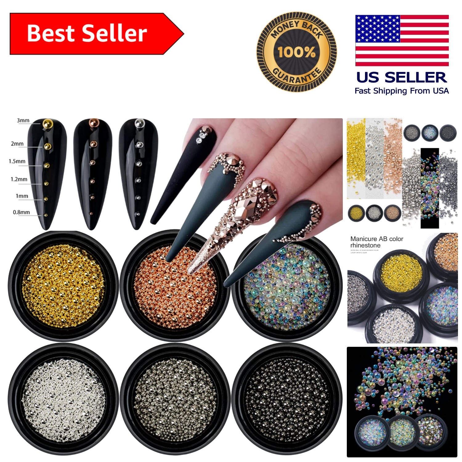 Versatile 6 Color Nail Caviar Beads – 0.8mm to 3mm Metal Charms for Artistry