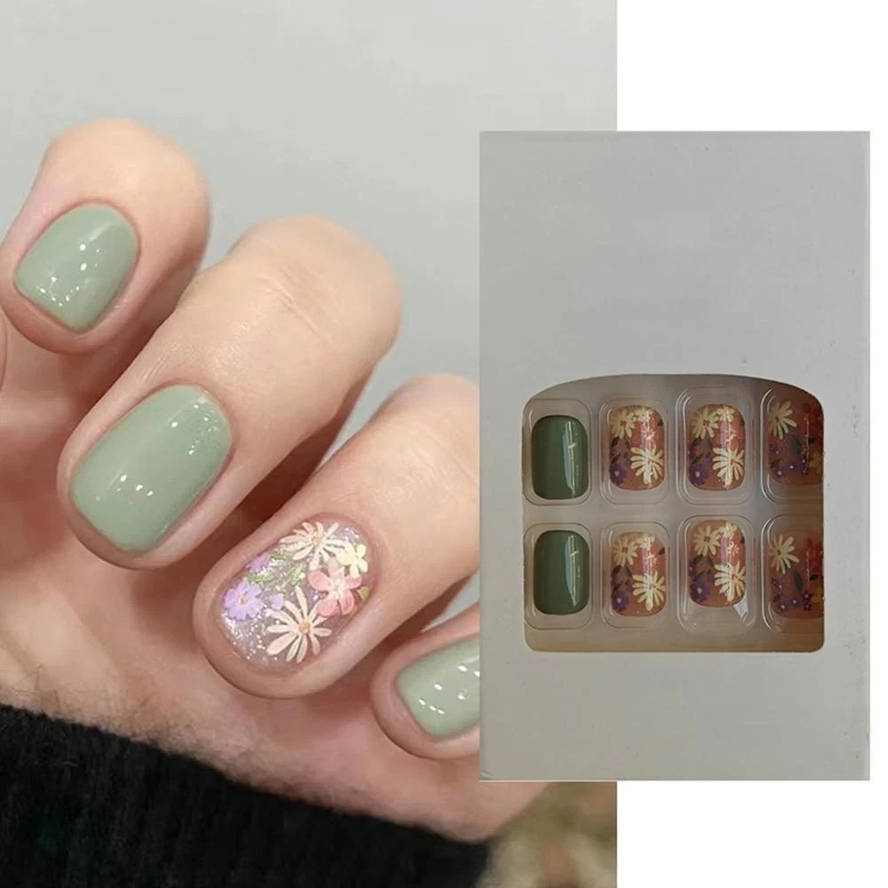 S.A.V.I 24 Pcs Short Natural Nude & Green Floral Press On Nails | Reusable DIY