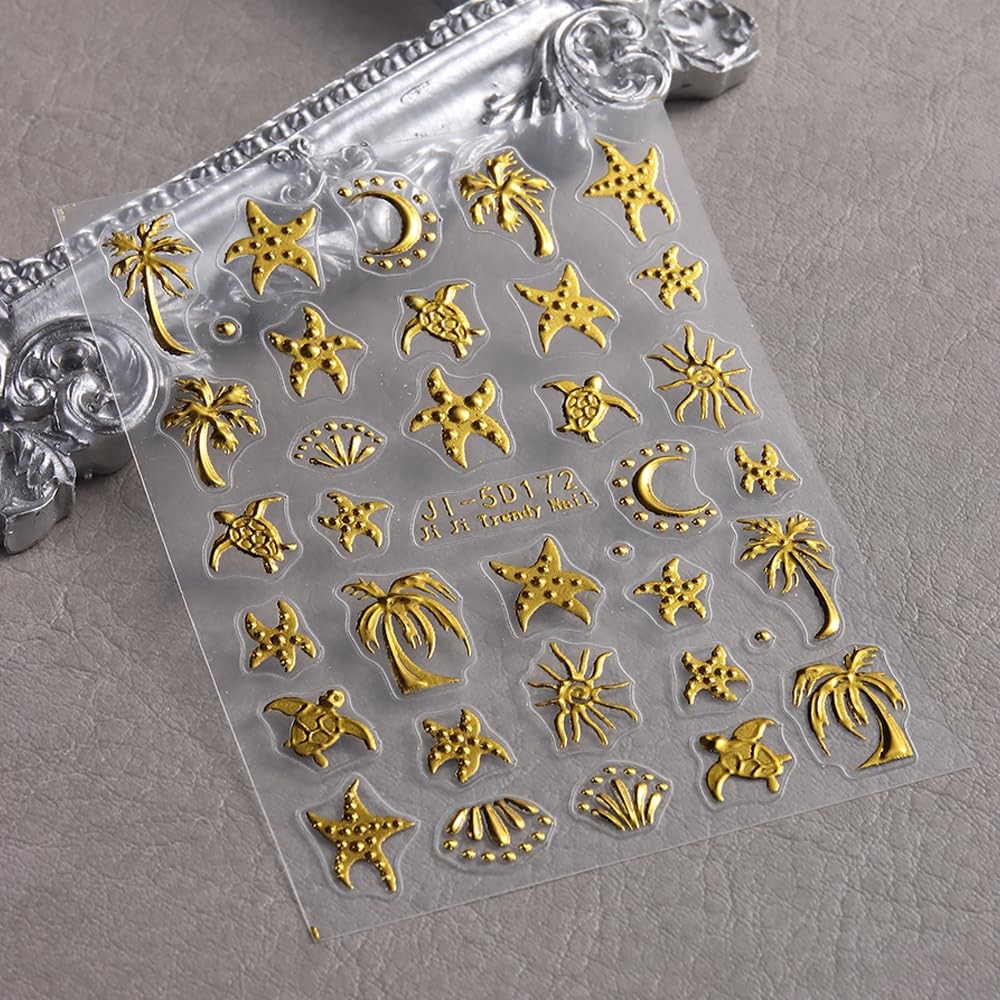 Summer Nail Stickers for Nail Art, 5D Embossed Gold Ocean Nail Decals Starfis…