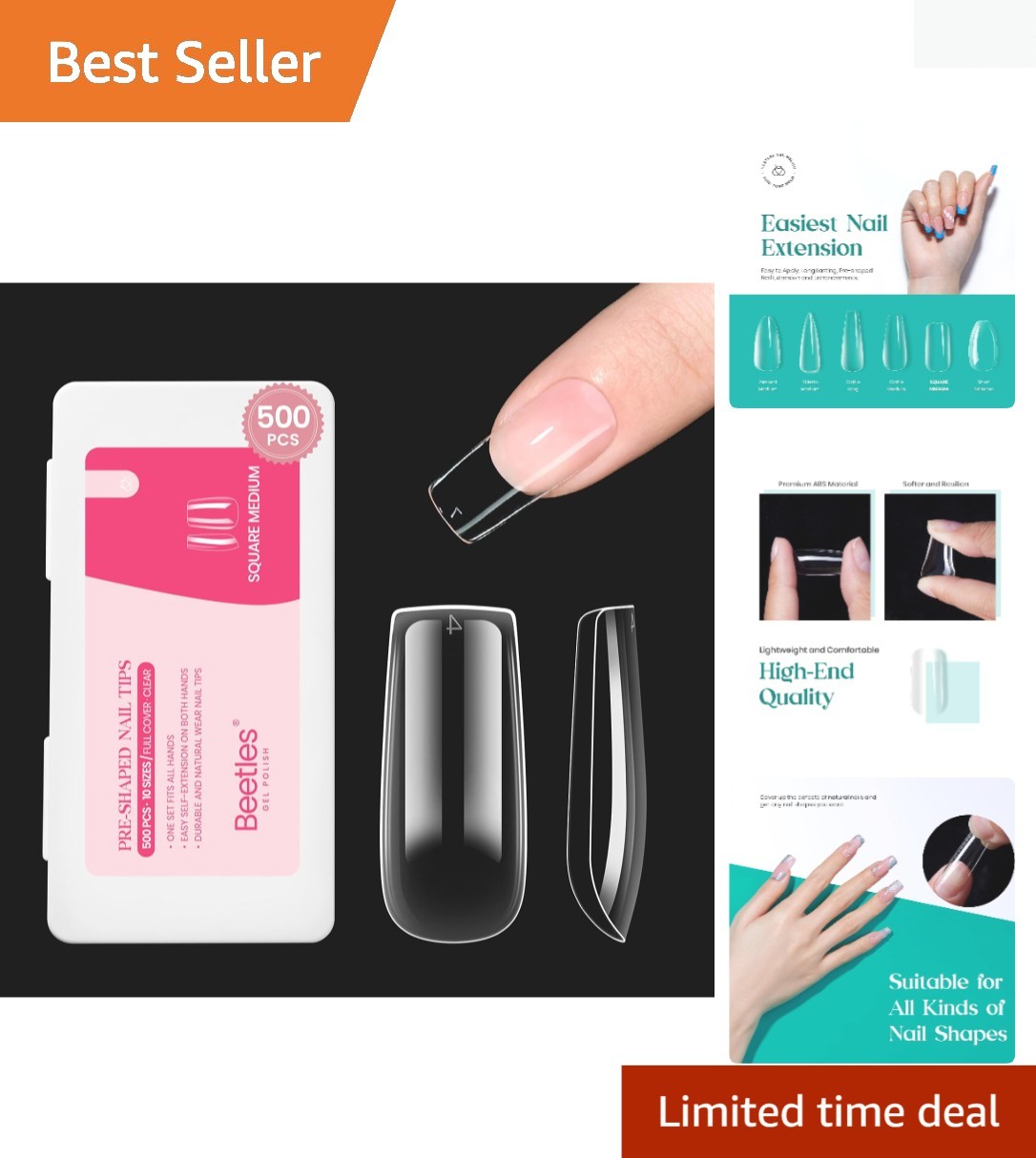 Luxury Beetles Medium Square Nail Kit: 500pcs Break-Resistant False Nails