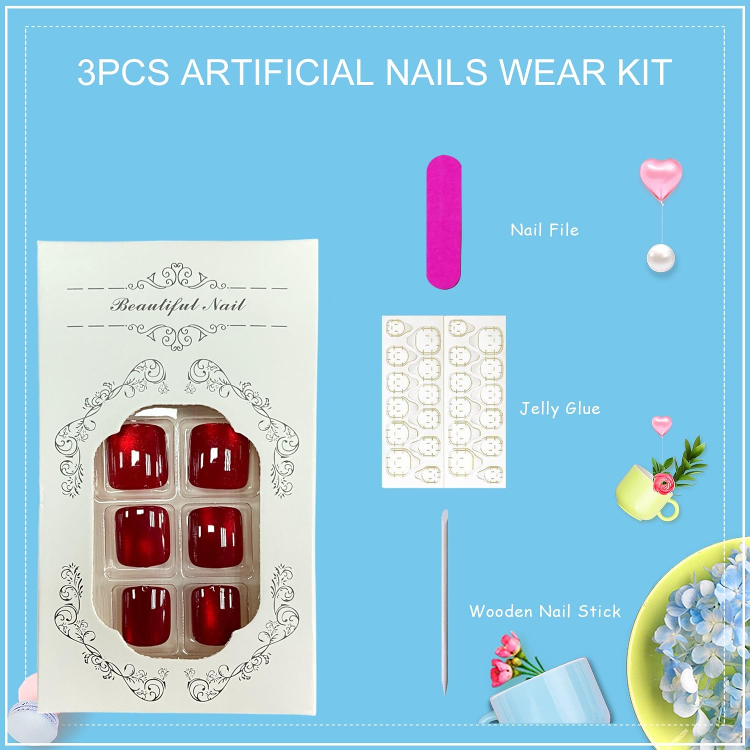 24Pcs Red Press on Toenails for Women,Square Fake Toenails with Glossy Design