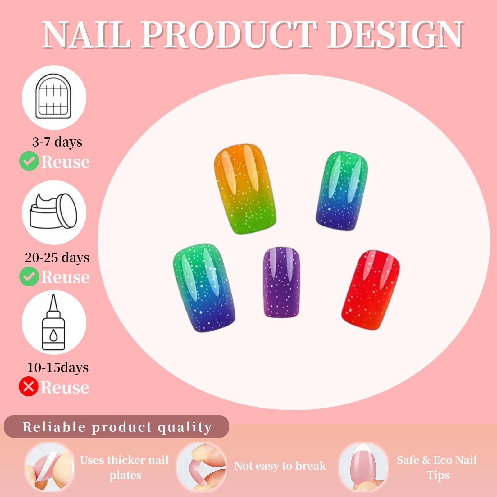 Tephrent 24pcs short square press on nails rainbow