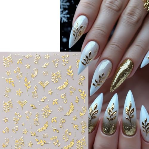 6 Sheets Gold Nail Stickers for Nail Art 3D Self-Adhesive Metallic Floral Leaf