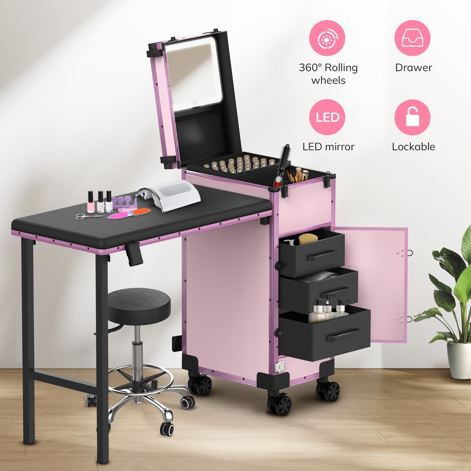 Rolling Portable Manicure Table For Nail Tech Organizer Makeup Case W/3 Drawers