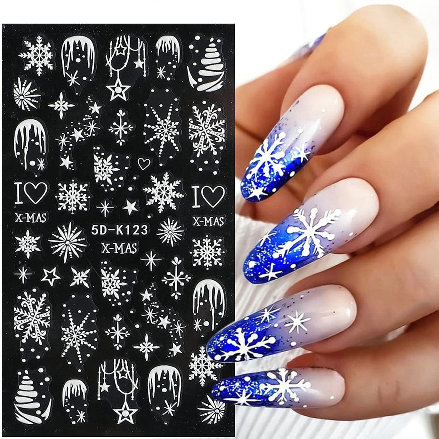 5D Embossed White Snowflake Nail Art Stickers,6 Sheets Engraved Snowflakes Na…