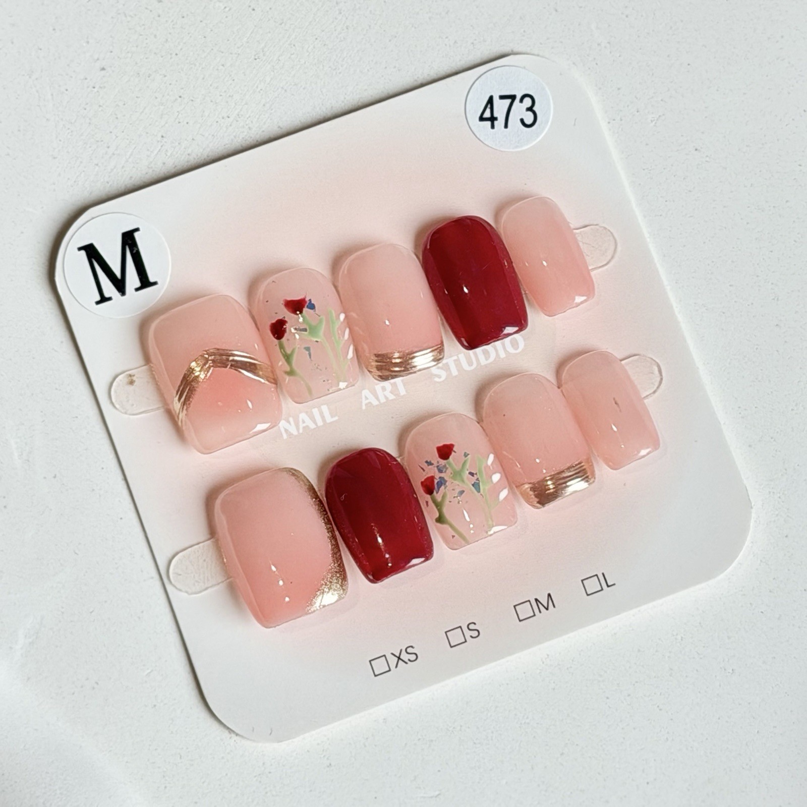Handmade Pink Red Flower AB Press-On Nails Short Square Size M Reusable 473