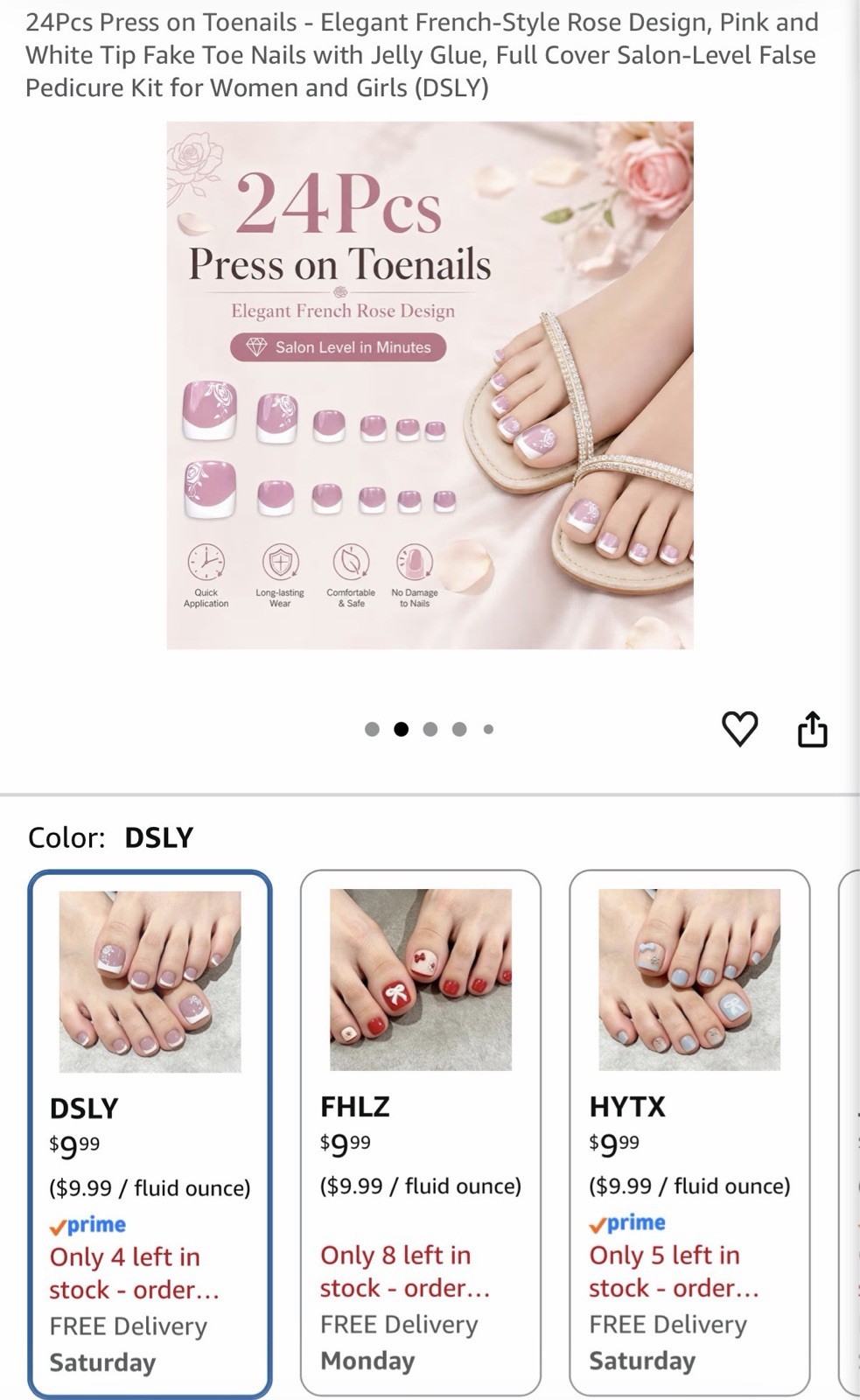 YWCYSP 24pcs Acrylic Press-On Toenails French Rose Pink/White Short Square DSLY