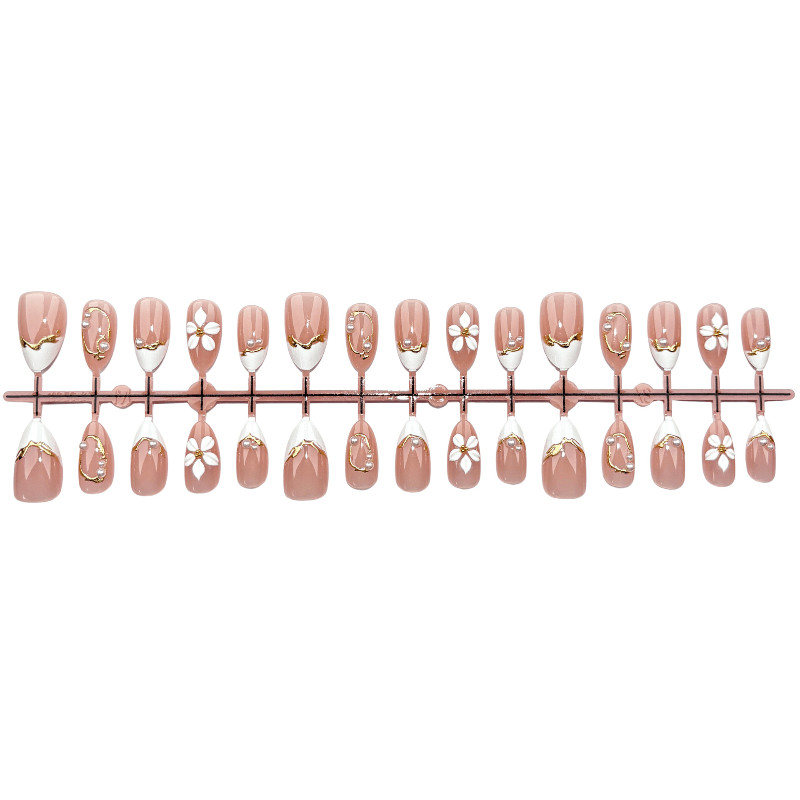 30pcs-Nude White Almond Press on Nails French Tip 3D Flower Pearl Gold Accents