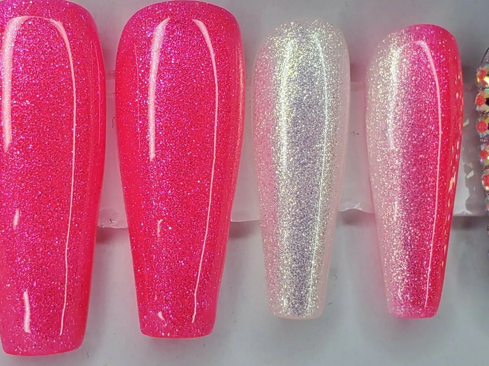 Neon hot pink Bling glitter long ballerina diamond press on nails barbie ombre