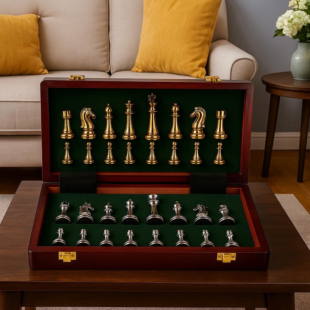 11Inch Large Deluxe Metal Chess Set – Portable Wooden 11 inches, Silver Gold