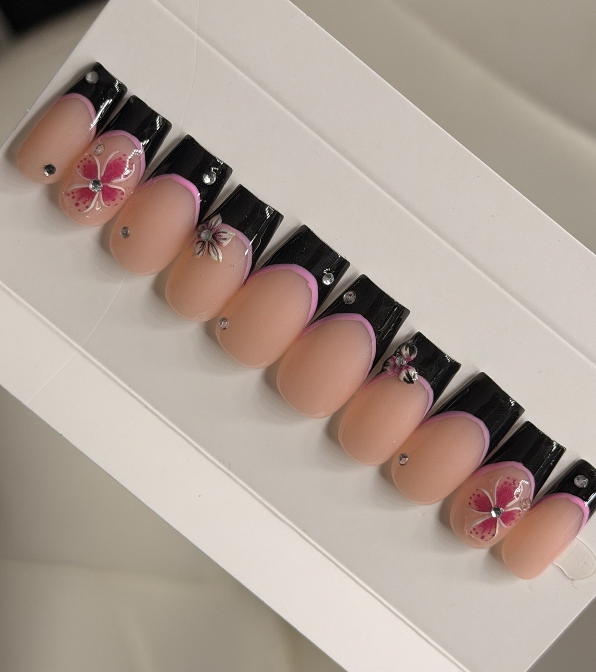 🌸 CUSTOM Press On Nails FRENCH BLACK Flower PINK 10p SET W Kit