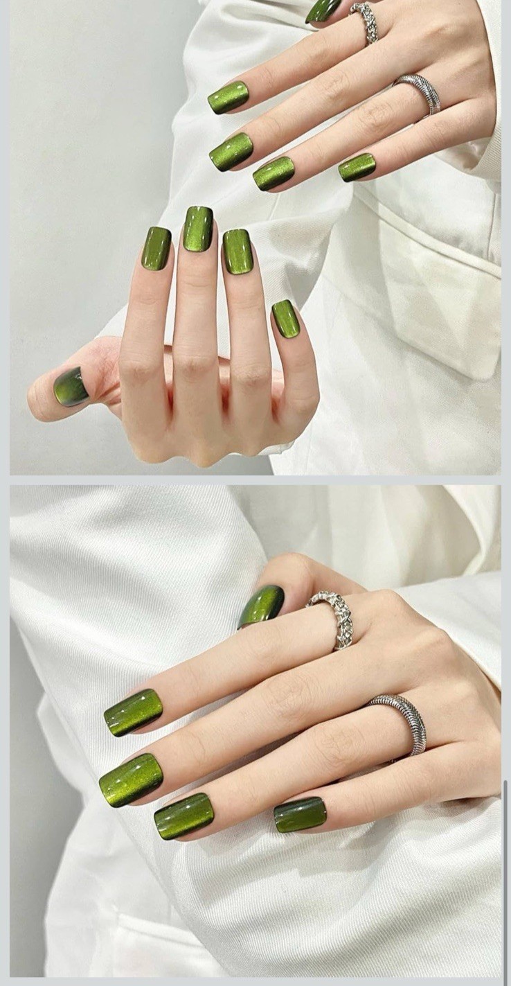 SKYCLOUD Green Cat Eye Gel Press On Nails Full Cover Tips Reusable SemiCured DIY