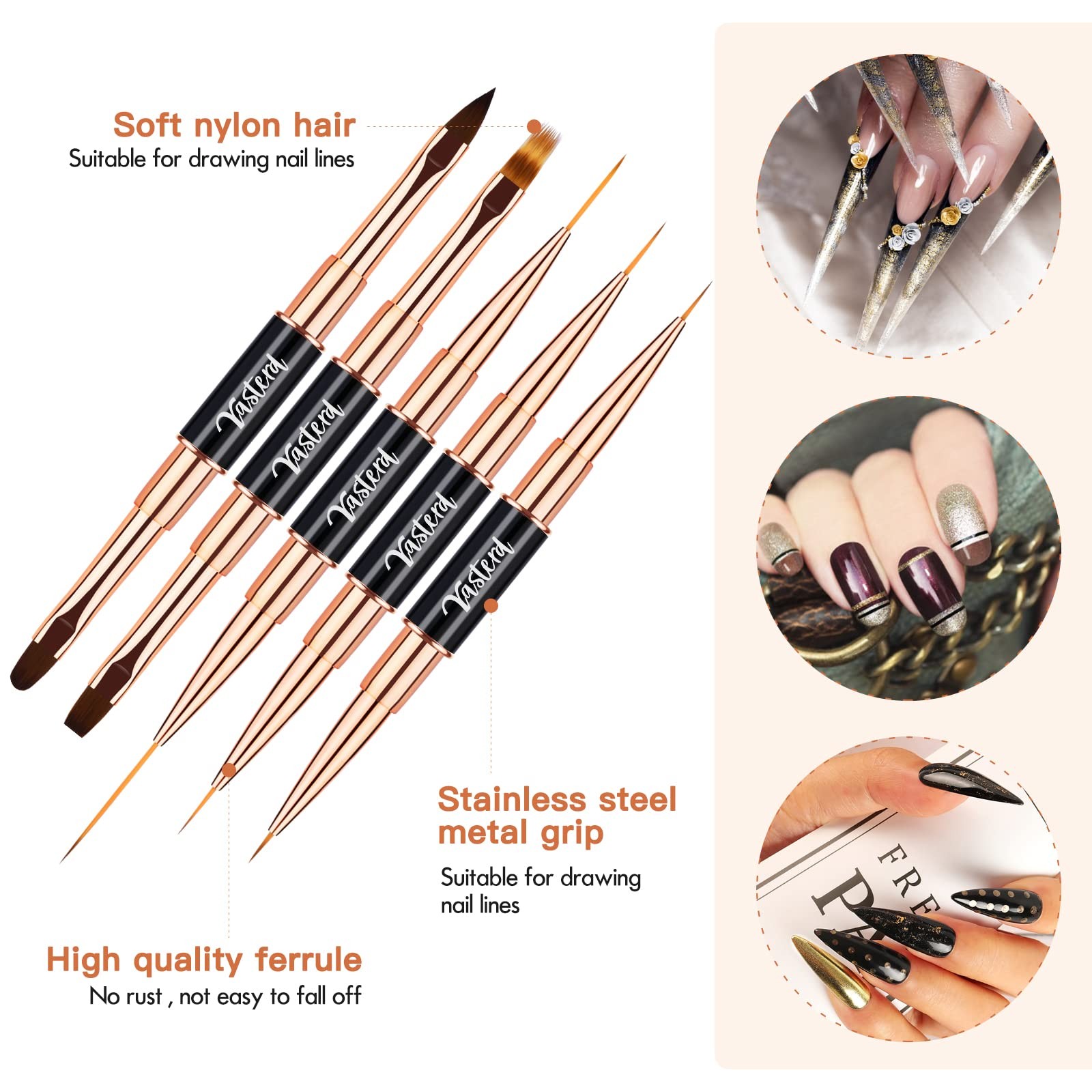 Yasterd Nail Art Brush Set Professional- 5pcs Double-Ended Nail Art Brushes f…