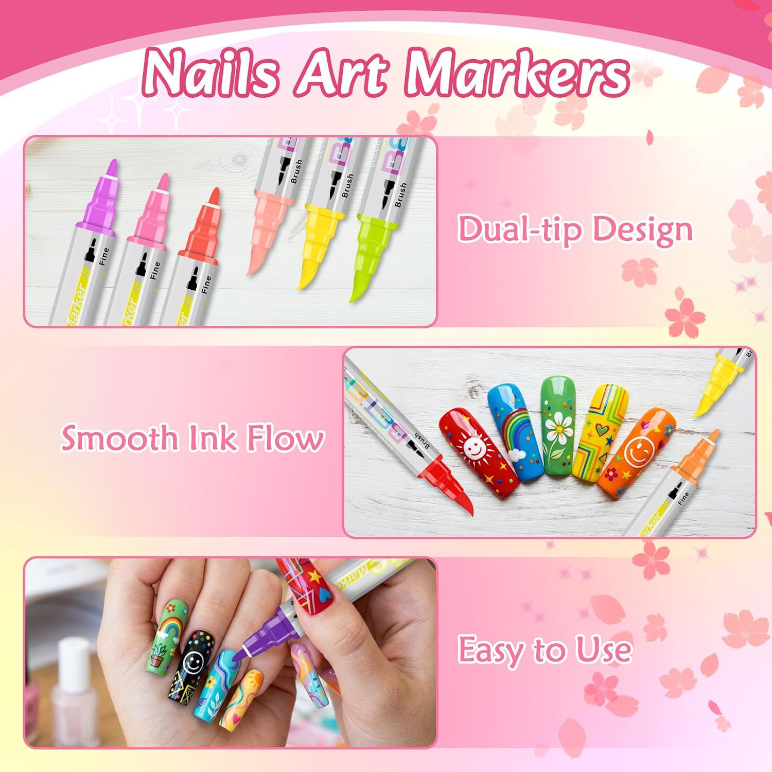 Betem Nail Art Pens Set, Dual Tip 24 Colors Nails Art Markers Non-Toxic, Quick-d