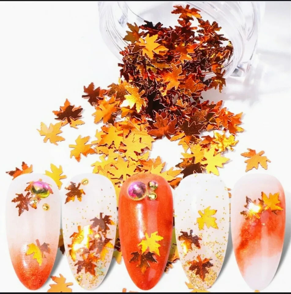 12 Colors Holographic Maple Leaf Nail Art Flakes Fall Leaf Glitter Nail Sequins