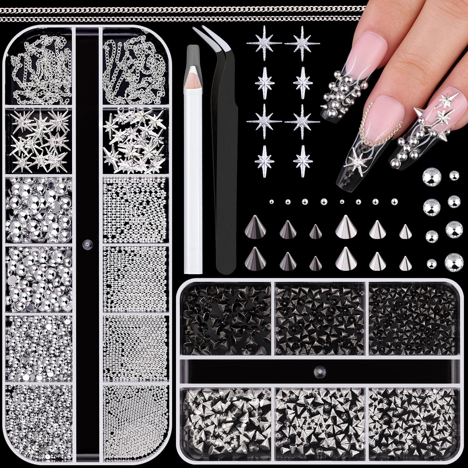 3D Mini Punk Nail Studs Cone Spike Alloy Rivets Black+Silver, Silver Flatback…
