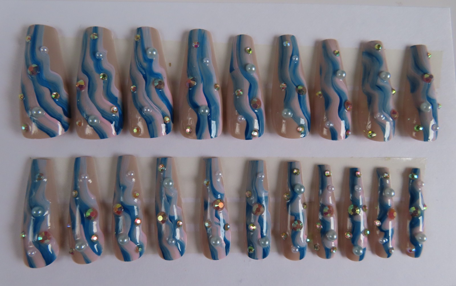 (2) Sets Purple Blue Pearl Abstract | Blue Pink Pearl Wave Coffin Press-On Nails