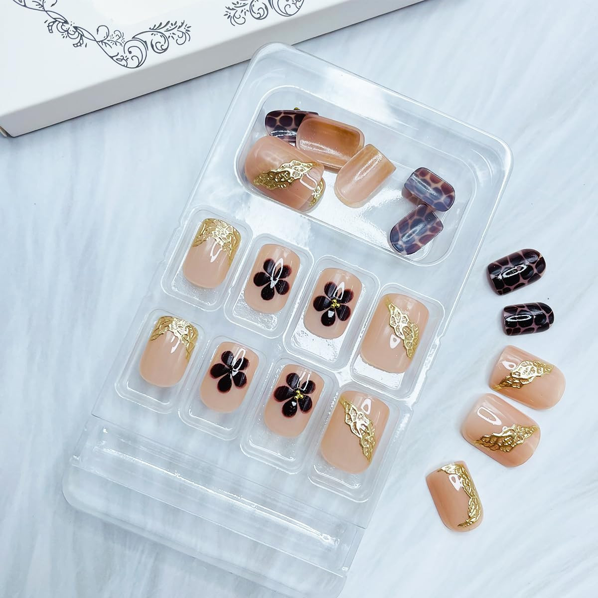 24Pcs Chrome Gold French Tip Press on Nails Short Square ABS Material False Nail