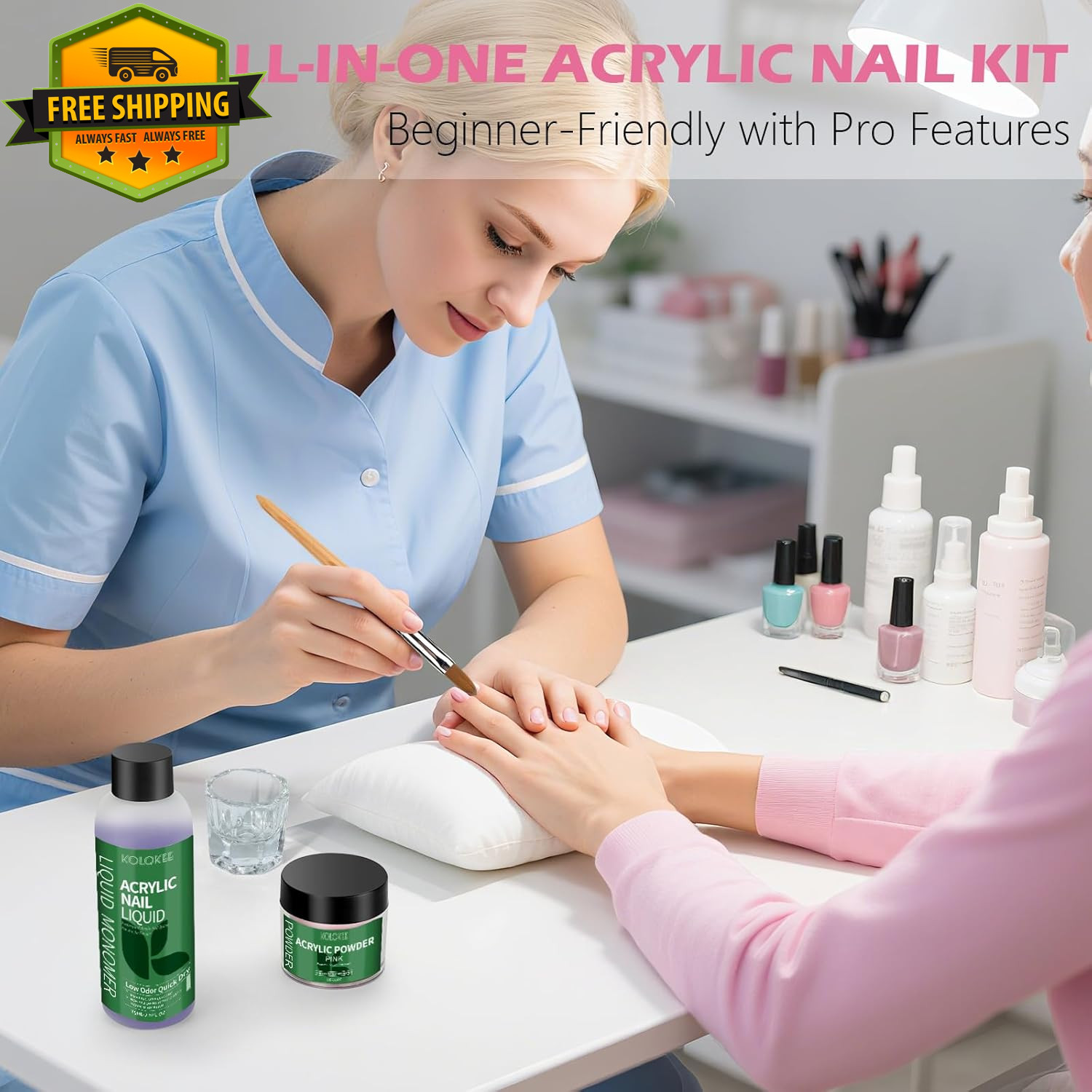 Acrylic Nail Kit Pink Powder Liquid Set With Kolinsky Brush For DIY Salon Nails