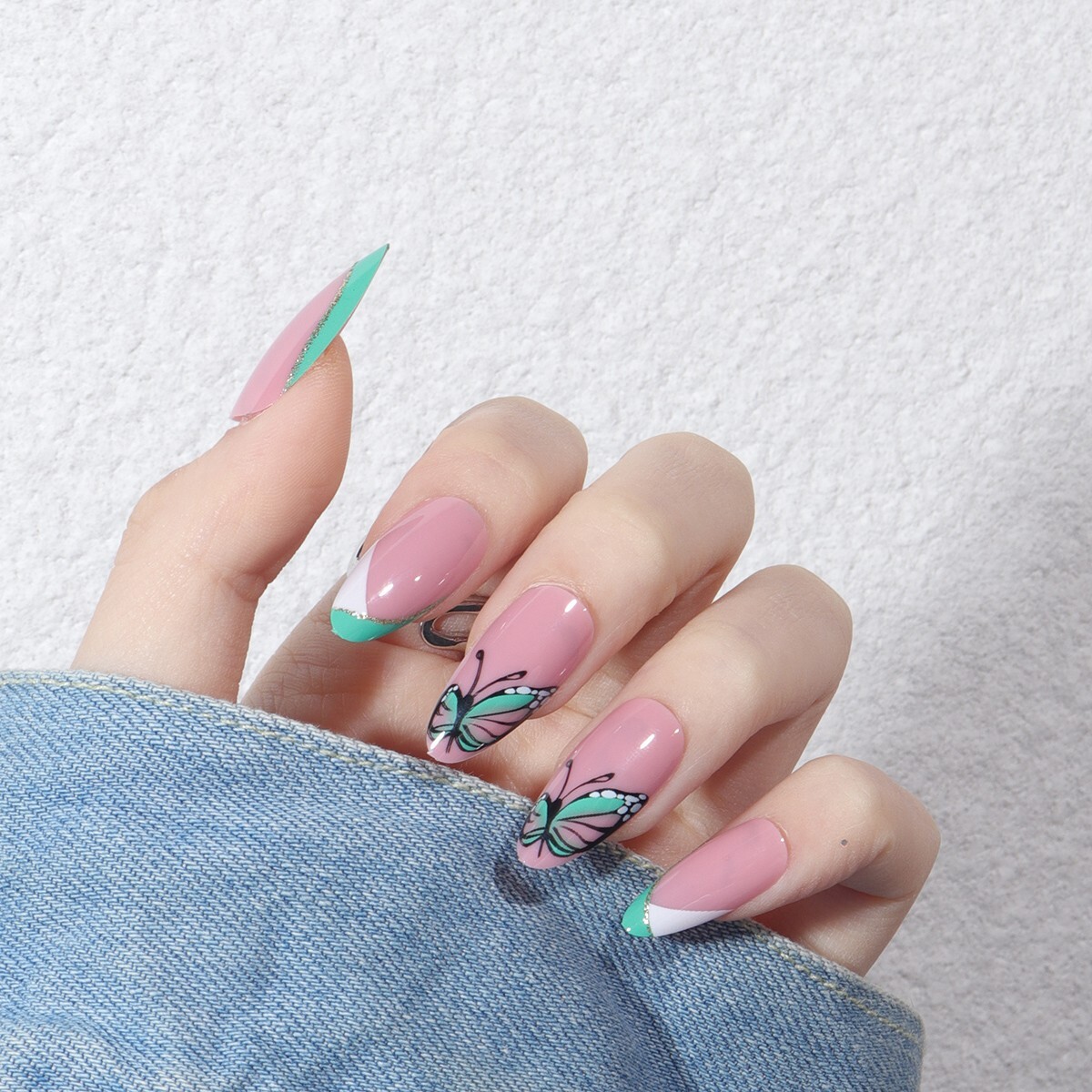 Butterfly Print French Ballerina Press On Nails 24 Pcs, Natural Salon Look