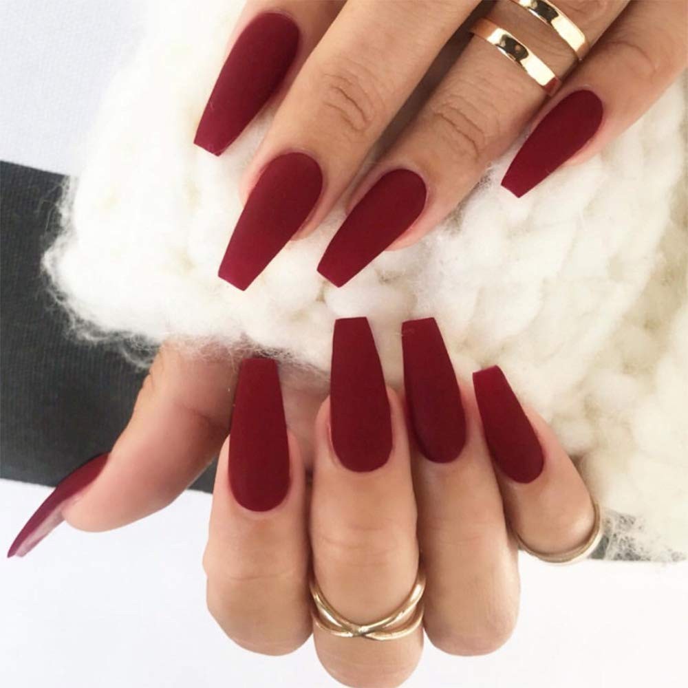 Aimimier 24Pcs Ballerina Matte False Nail Medium Pure Color Medium, Burgundy
