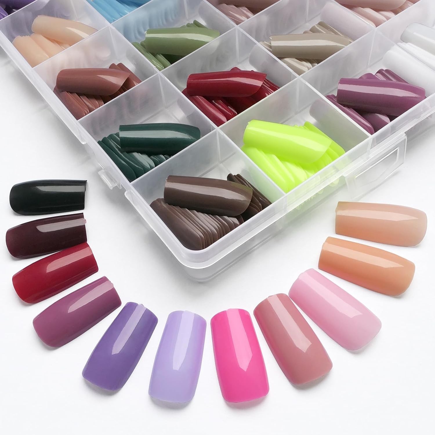 576pc Medium Square Press on Nails Kit Glossy Colored Straight Fake Nails Ful…
