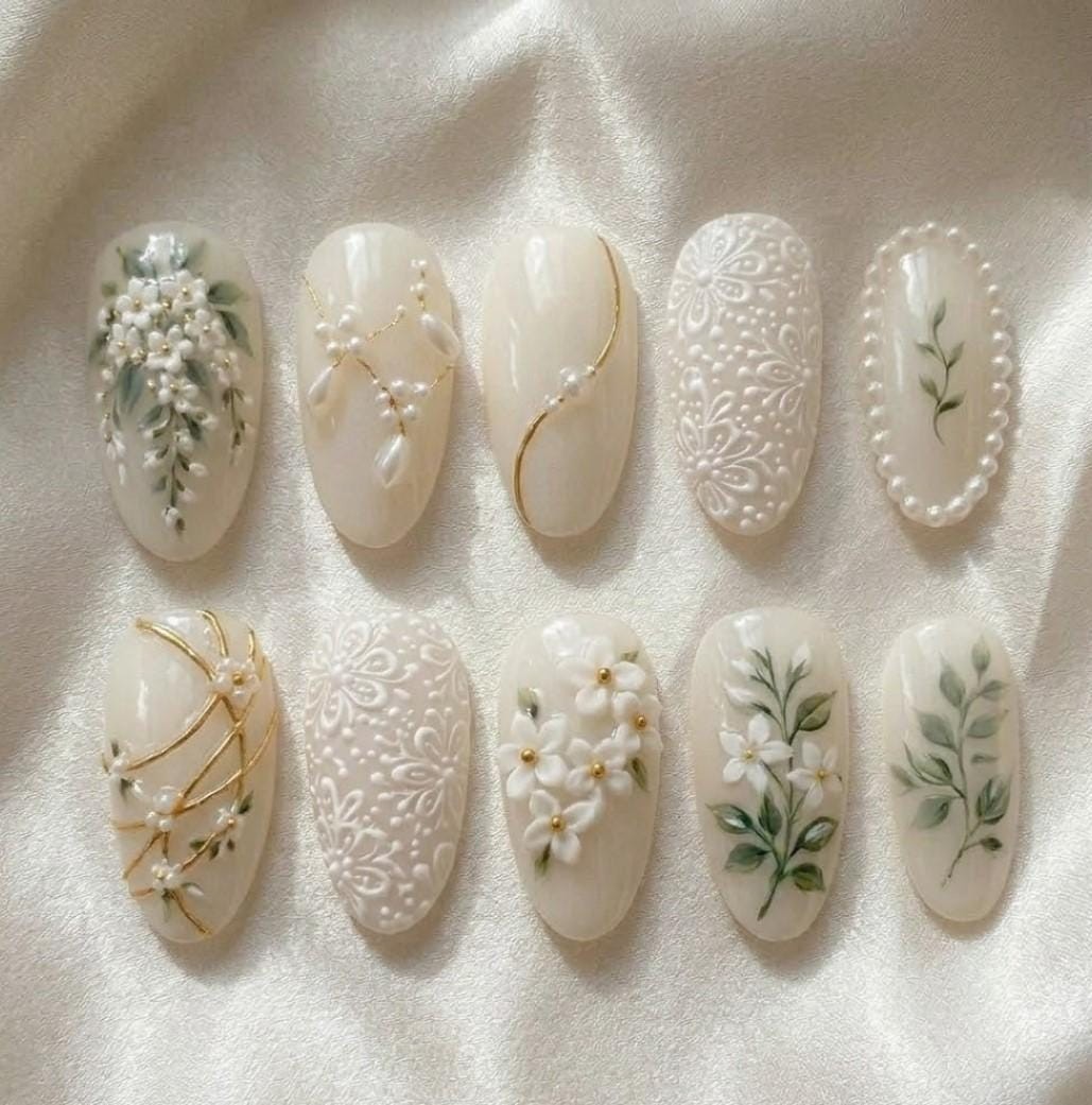 Handmade Custom White Floral Green Leaves Embossed Lace Almond Press on Nails
