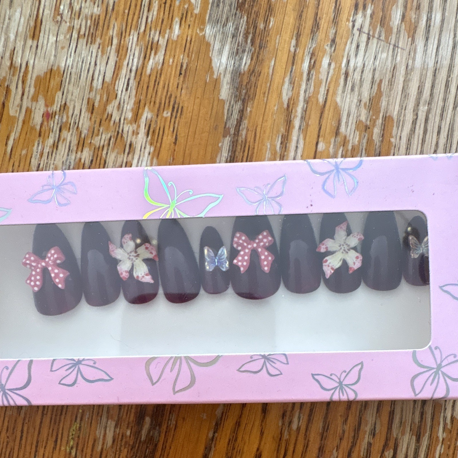 Burgundy 3D Bow Flower Pre-Designed Full Cover Press-On Nails Medium Almond