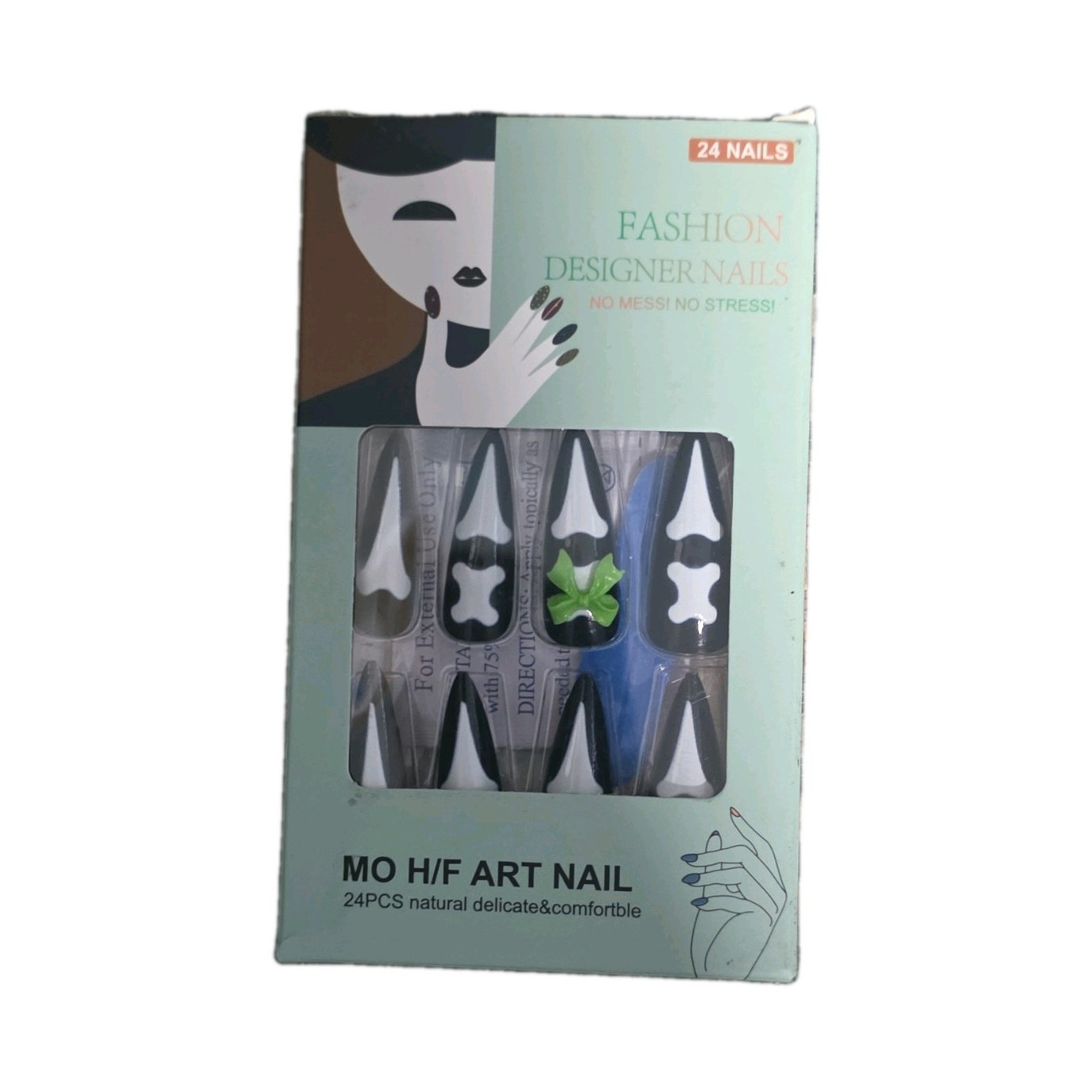 Fashion Press-On Nails 24pcs Black/White/Green 3D Bow Pre-Designed Stiletto