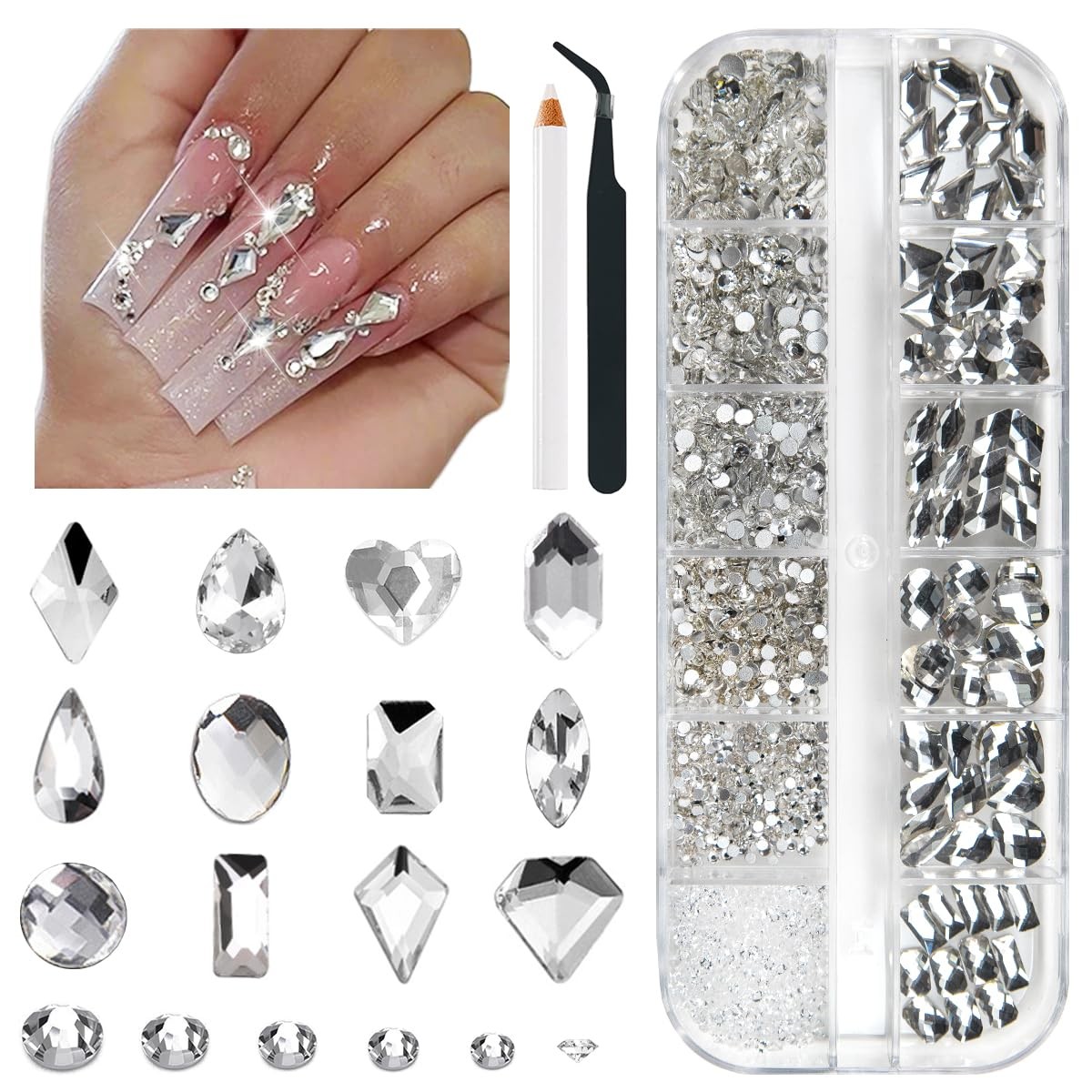 qiipii 2052 Crystal White Nail Art Rhinestones Silver Clear Nail Charms 72 Multi