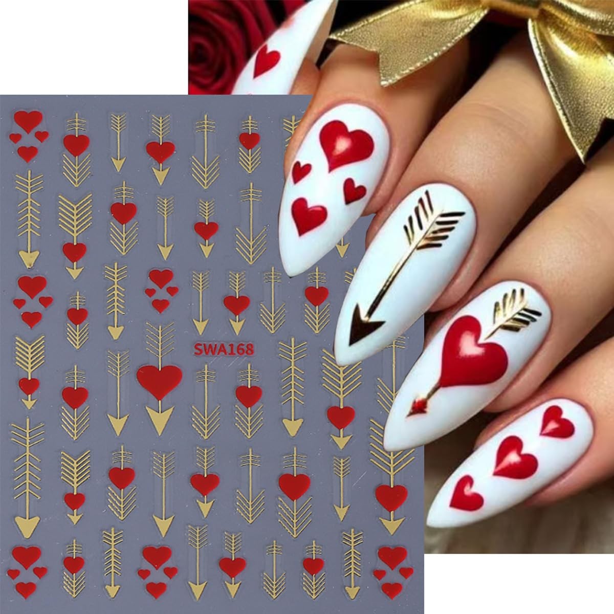 4 Sheets Valentines Nail Stickers 3D Self-Adhesive Pink Red Heart Nail Art St…
