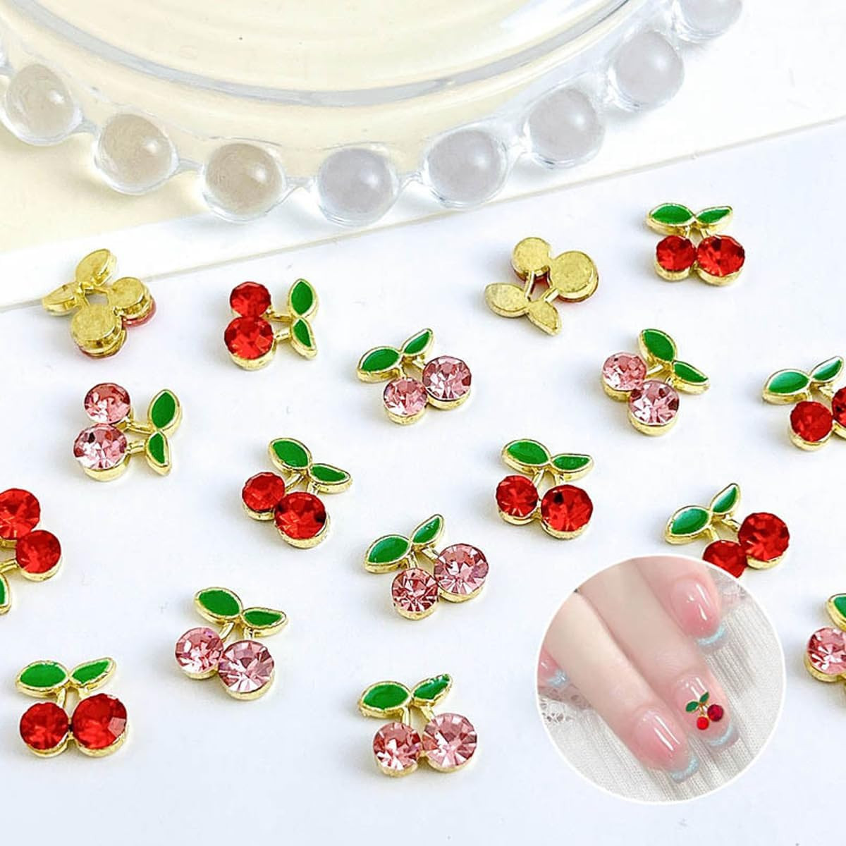 45 Pcs Cherry Nail Charms Rhinestone Red Pink Cherries Nail Art Gems Star Heart