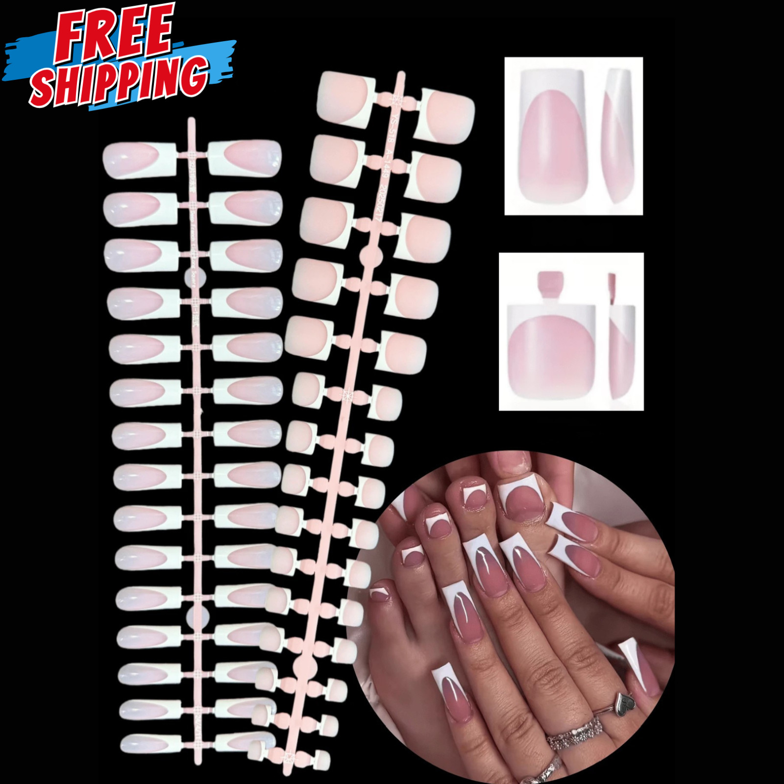 150x Press-On Fake Nail Tips Toenails Short Square French Soft Gel 15 Size Nails