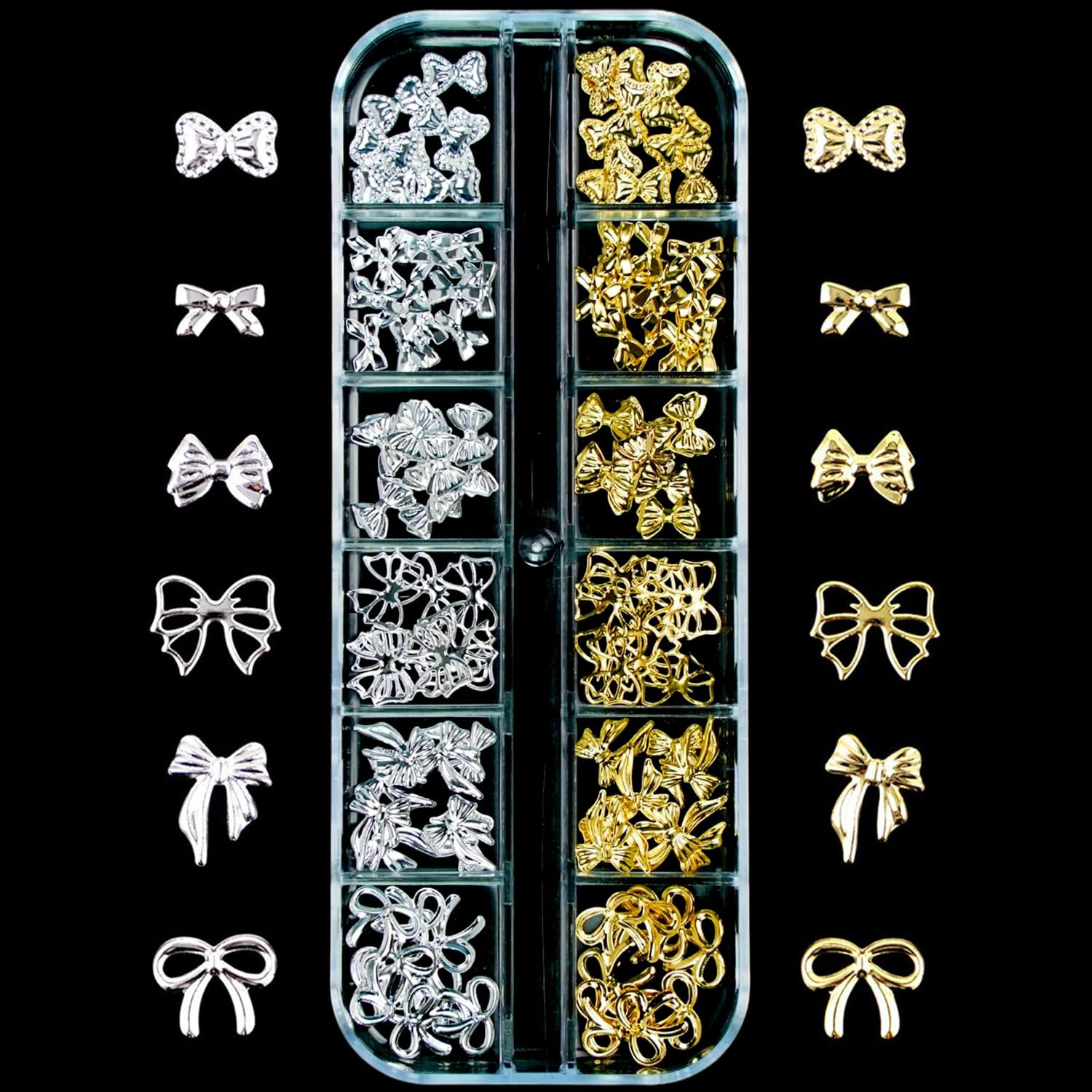 1Box Gold Sliver Bow Nail Charms 12 Designs Assorted 3D Metal Bow Nail Rhineston