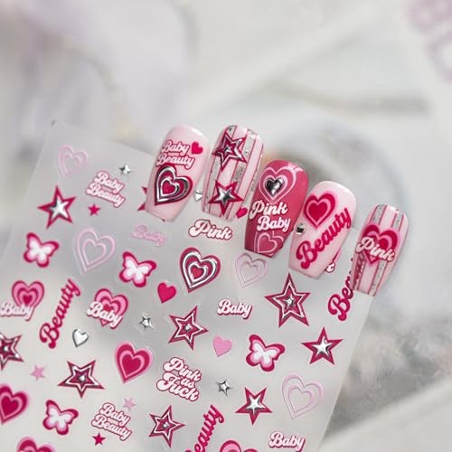 5D Embossed Pink Star Nail Stickers – Y2K Design Self-Adhesive Heart 1 Mh31