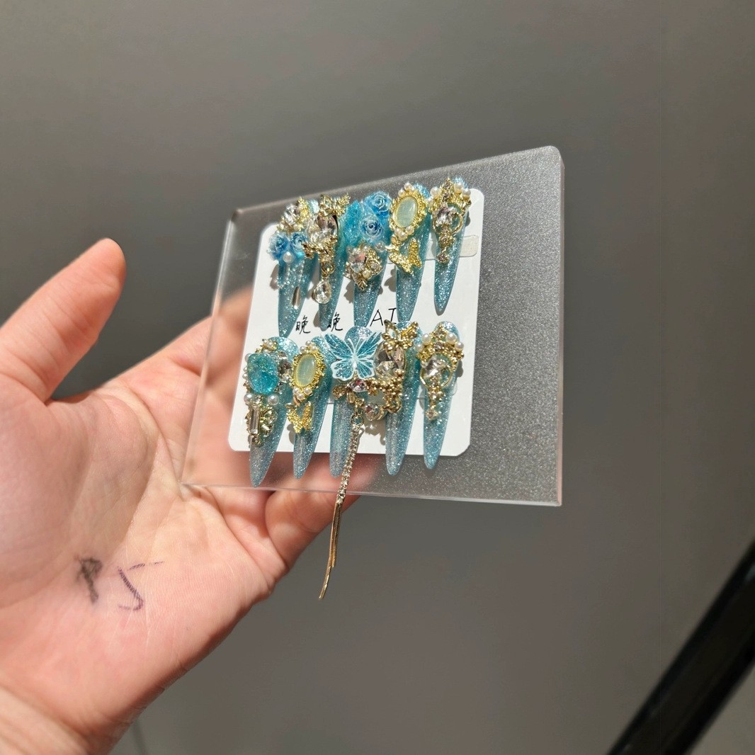 Blue Rose Luxury 3D Carved Cat Eye Press On Nails