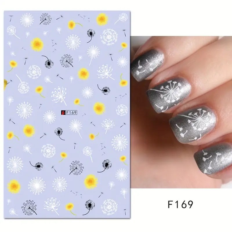 Nail Art 3D Decal Stickers beautiful yellow black white dandelion F169
