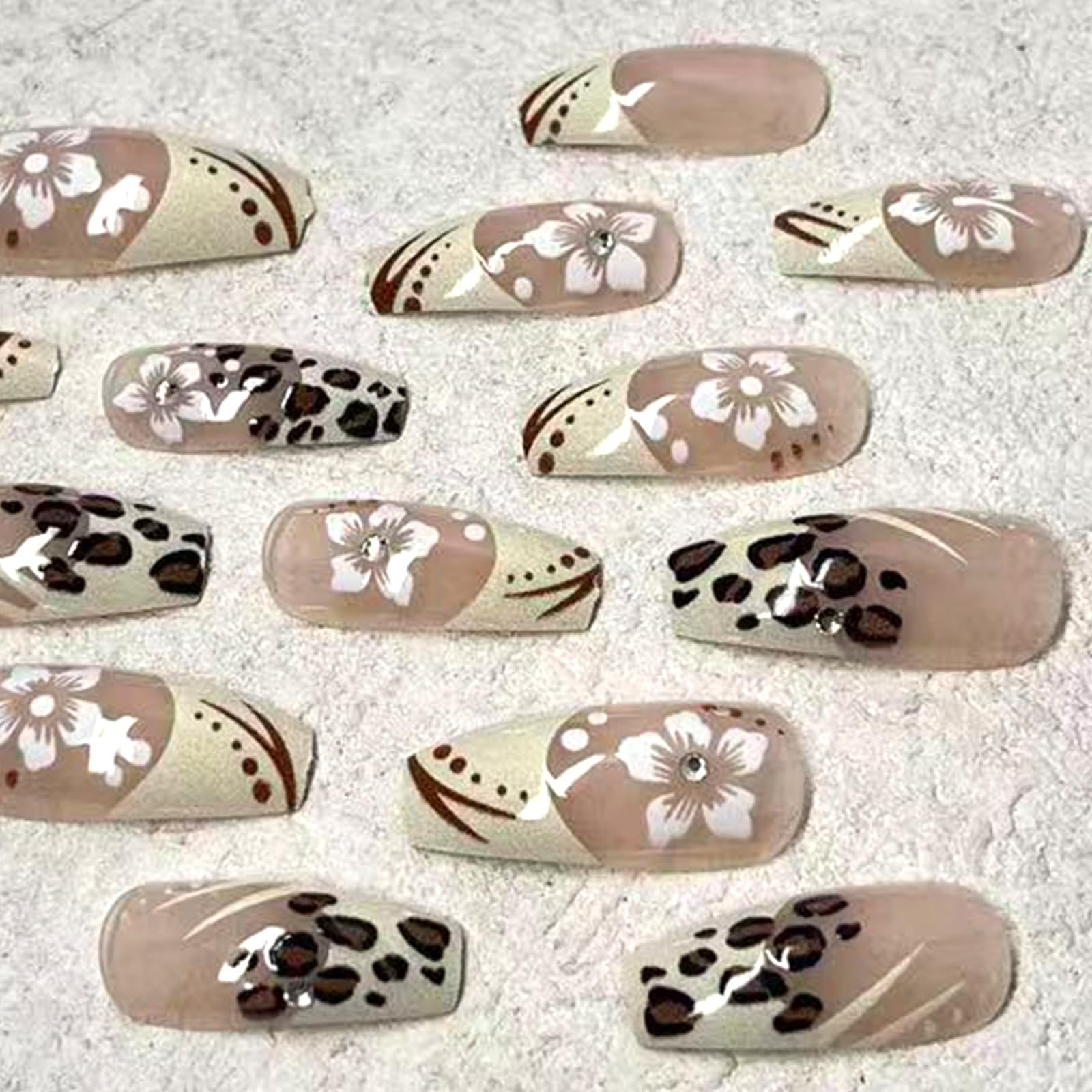 White French Tip Press on Nails Medium Square Fake Nails with Designs Brown L…