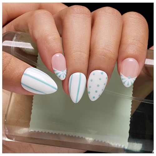 Press-On Nailshort Almond with Blue Polka S Polka Dot & Stripe French