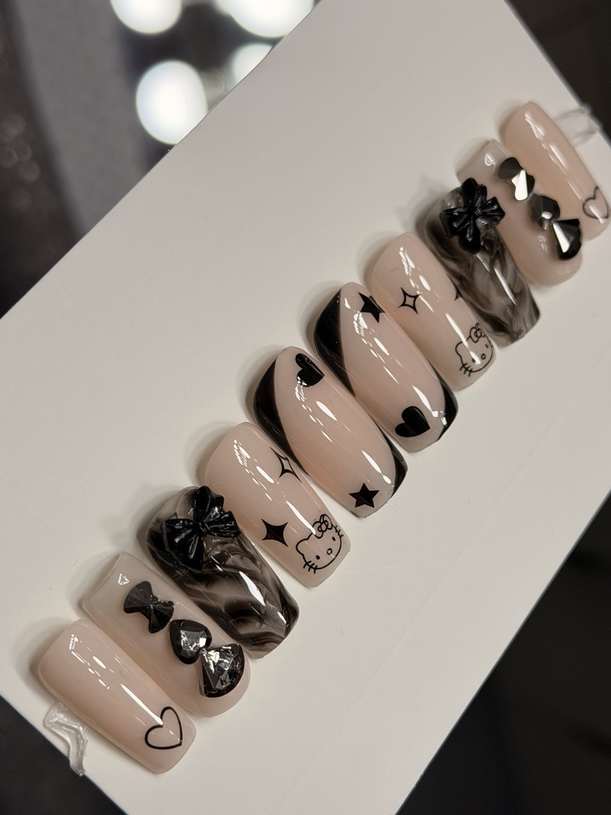 ✨ CUSTOM Press On Nails Nude BLACK HELLO KITTY BLING BOW 10p SET W Kit