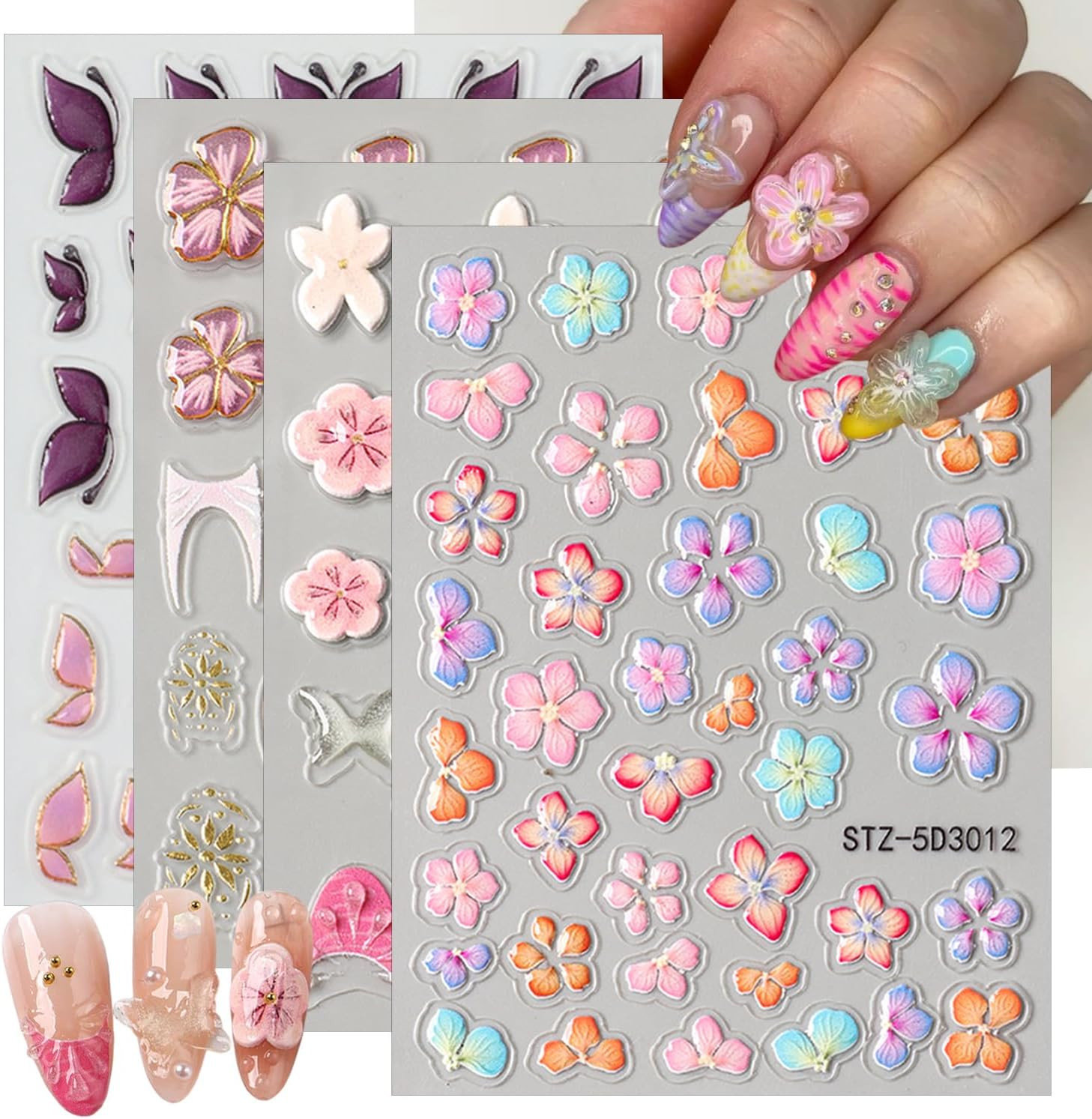 4 Sheets 5D Embossed Gradient Flowers Nail Stickers for Nail Art Design Summer F