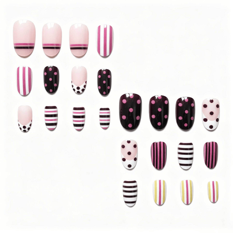 48Pcs-Medium Almond Pink Brown White Striped Polka Dot Mix Design Press on Nails