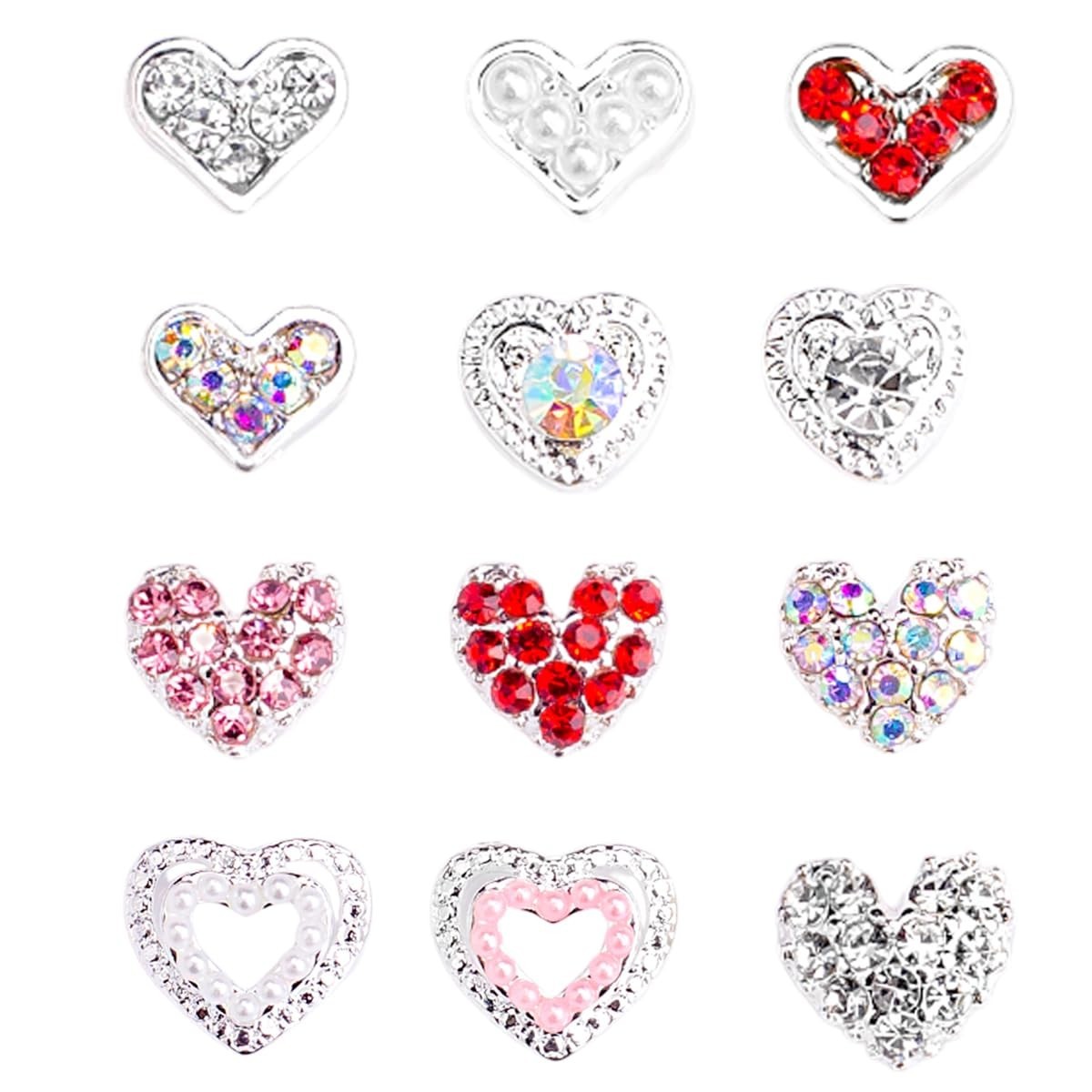 12Pcs Silver 3D Heart Nail Art Charms Rhinestones for Nails Valentine’s Decal…