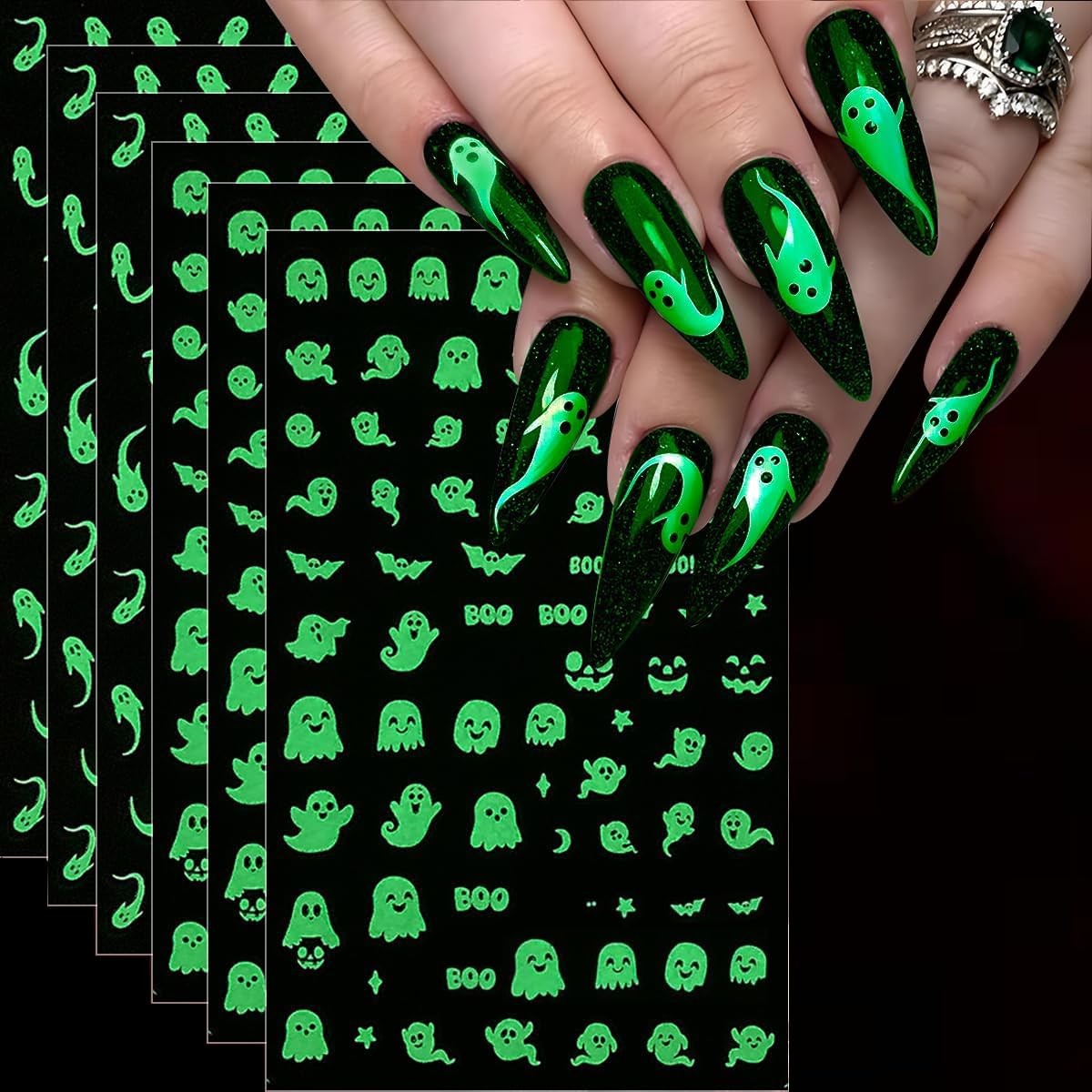 6pcs Halloween Nail Stickers Light in The Dark Cute Ghost Nail Decals Luminou…