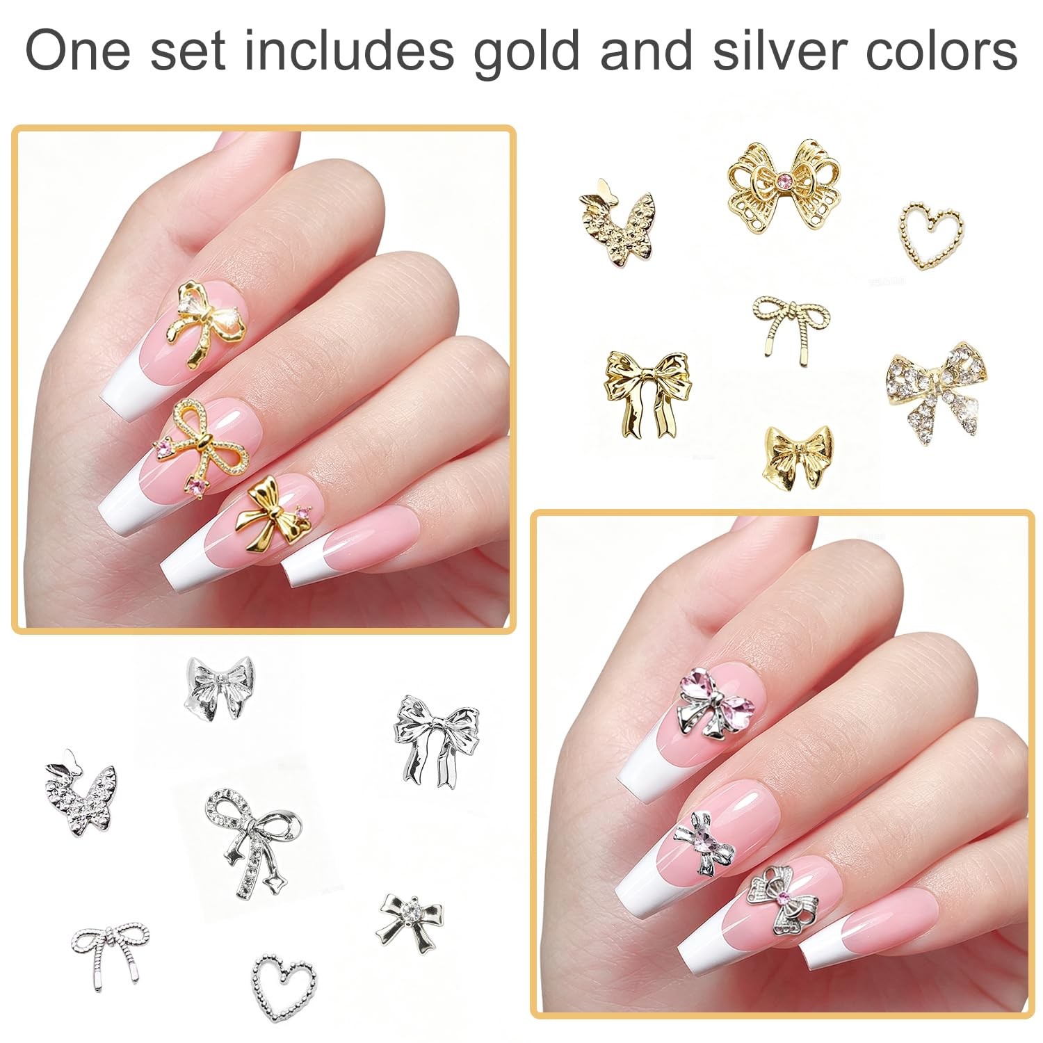 80Pcs Bow Nail Charms Gold Silver Bowknot Nail Art Charm and Gems with Rhines…