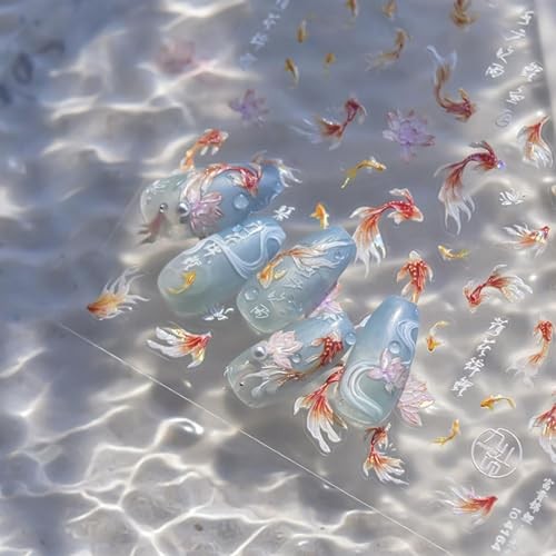 5D Embossed Nail Stickers for Nail Art Koi Fish & Lotus Leaf Design Nail Gold-1