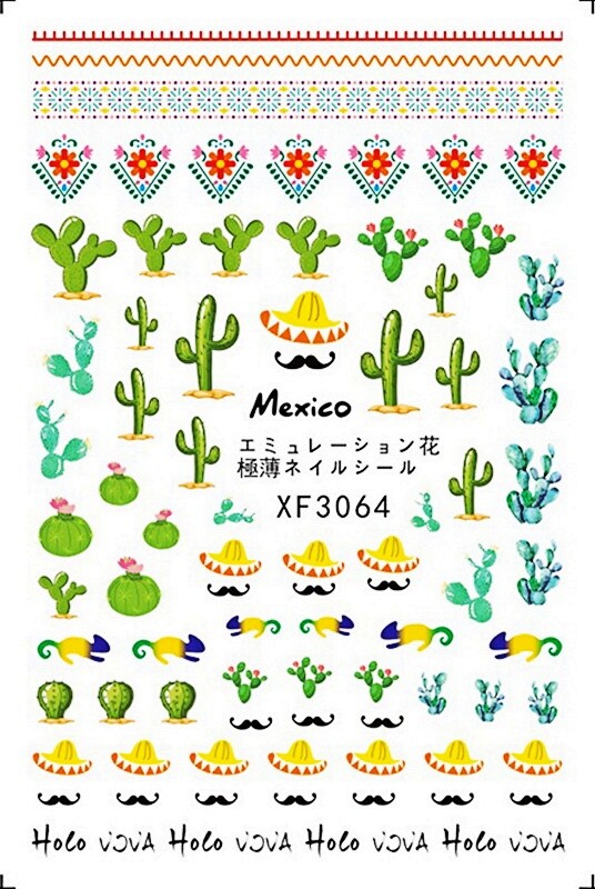 Cactus Mexico Hot Mustache Beard Holo Vova Extra-Thin 3D Nail Sticker XF3064