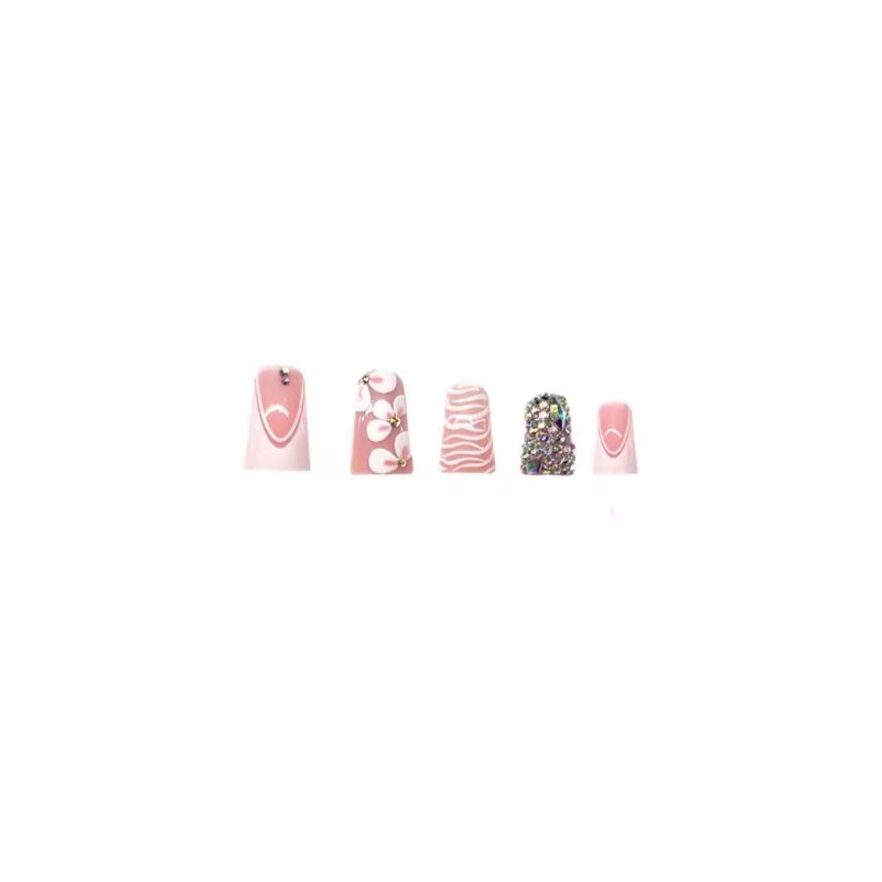 24pcs-Glam Nails with Nude Pink Base, Bling Crystals and Hand-Painted Floral Art