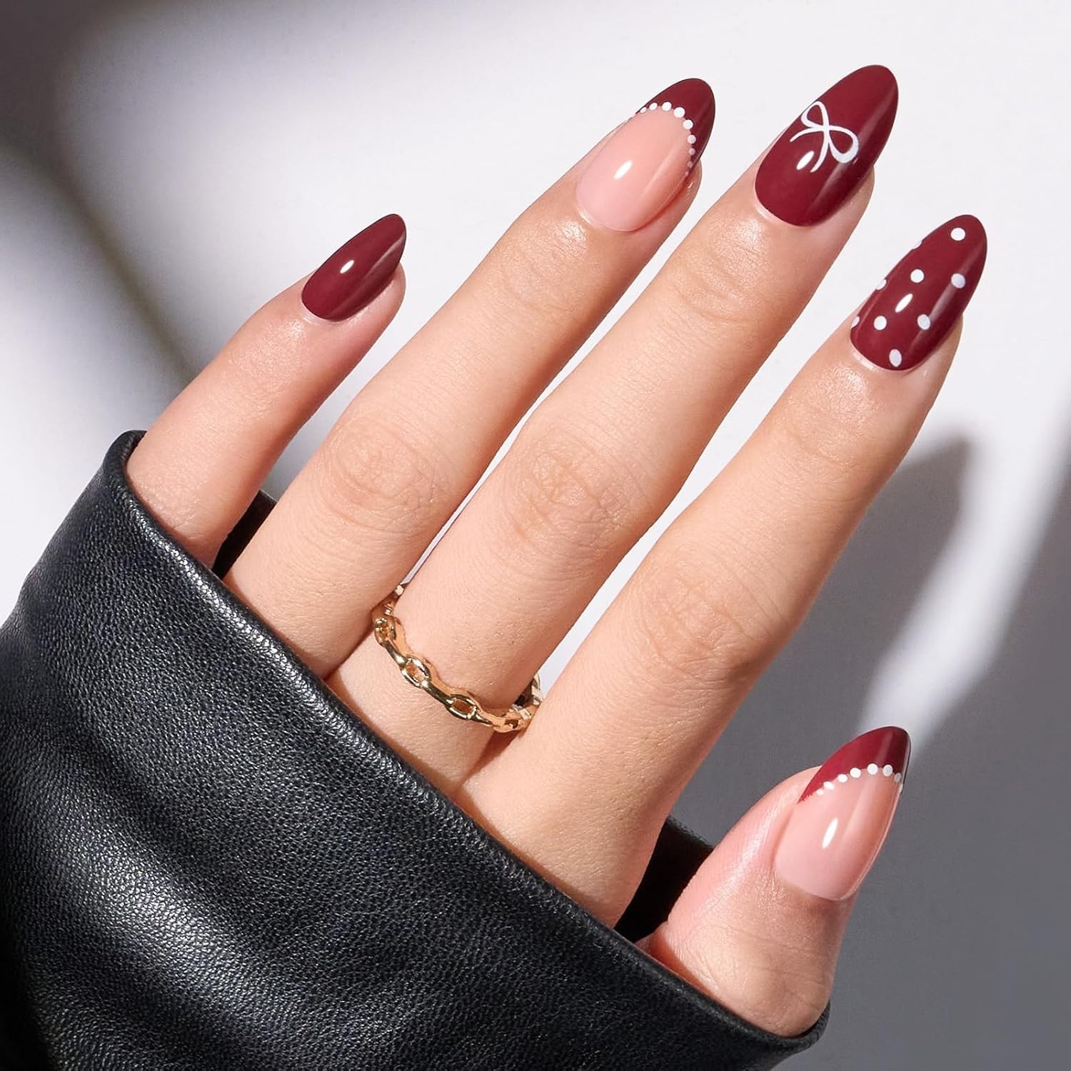 Modelones Dark Red Press on Nails Almond, Burgundy French Tip Polka Dot Bow