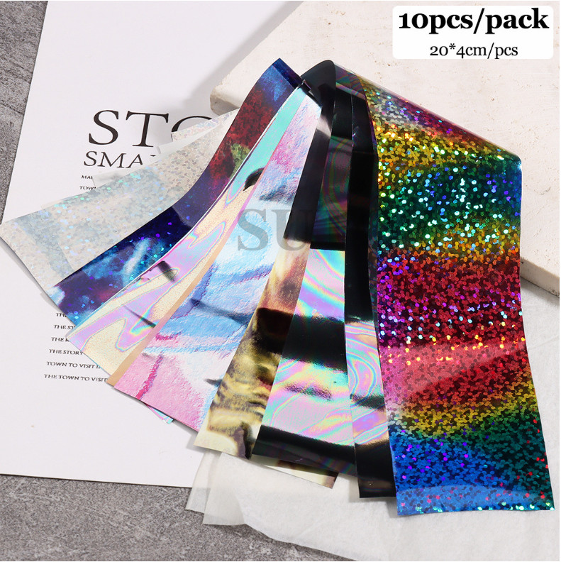 10Pcs Nail Art Foil Stickers laser Star Print Pattern Transfer Decals Tips NS54